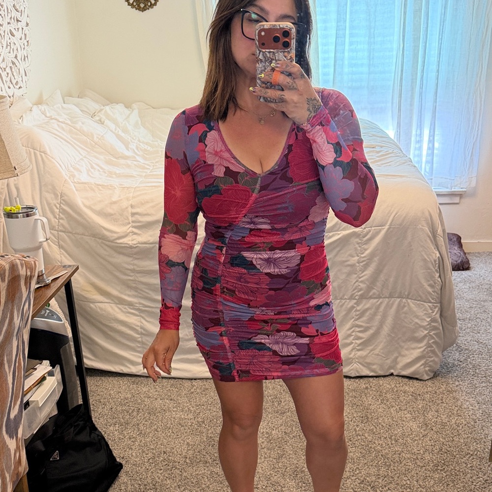 MINKPINK Pink and Purple Floral Ruched Long-Sleeve Mini Dress